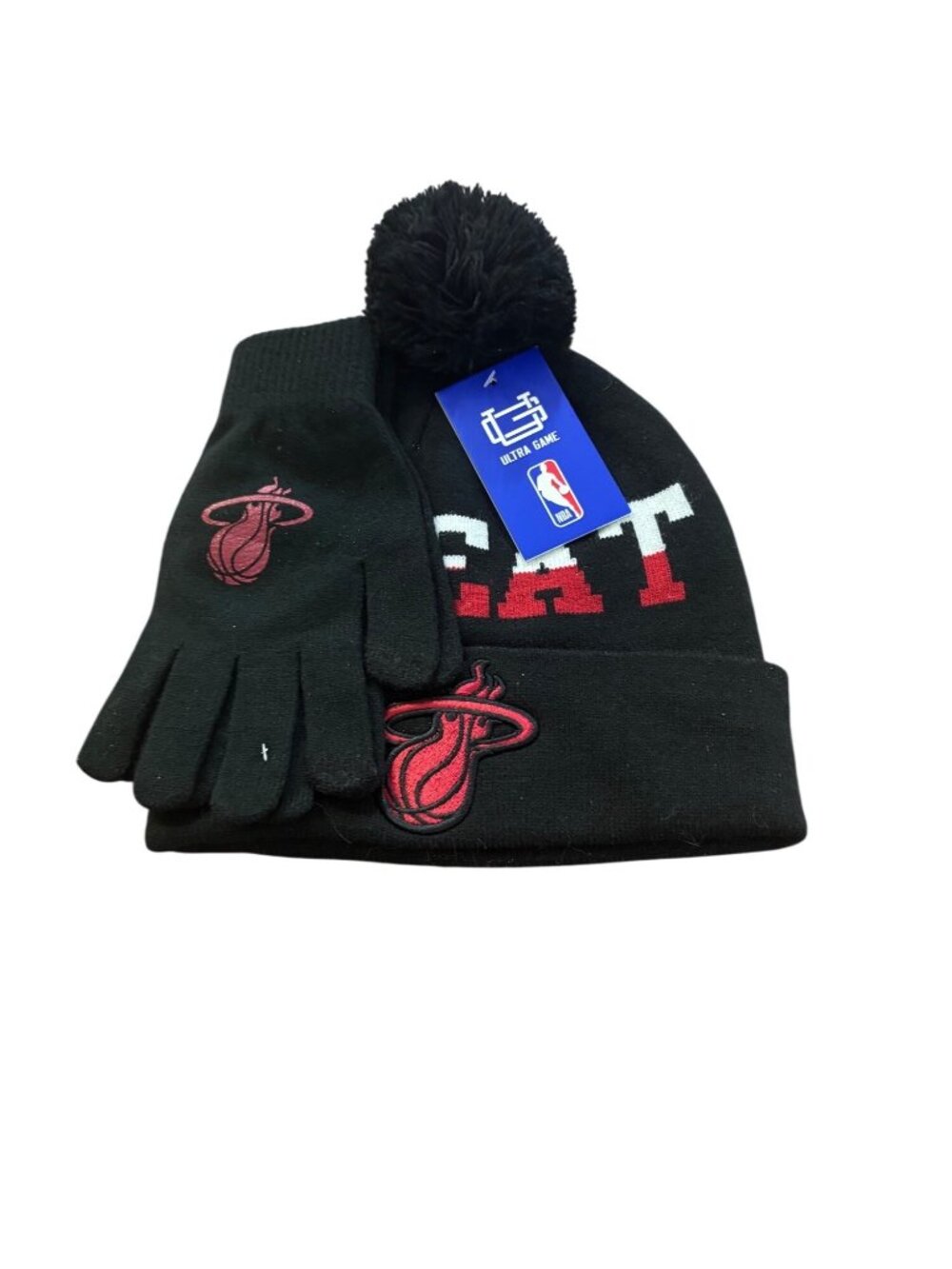 Miami Heat Ultra Game Beanie & Gloves Set NBA Logo Black W/ Pom Mens/Womens Wint